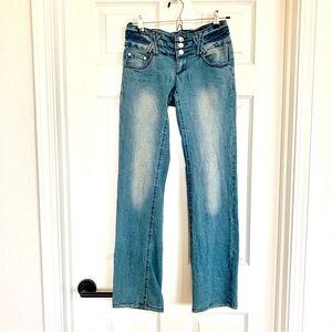 Butt-Lifting Boot Cut Jeans with Faded Detail and Rhinestone Button-Up Fly​